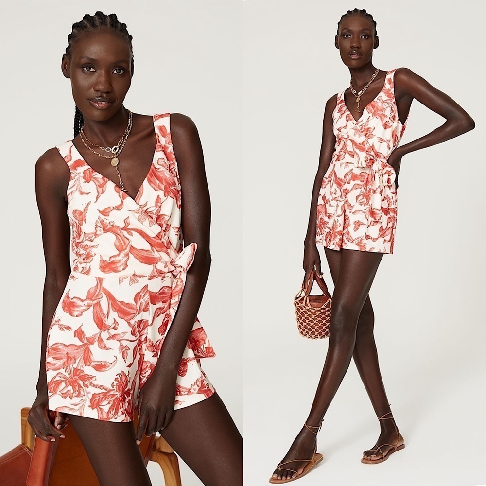 GREAT JONES Coral Red Floral Sleeveless Wrap
Tie Waist V-Neck Romper Playsuit XS